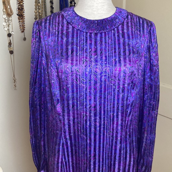 Vintage 80s Paisley Pleated Belted Midi Dress Sz 10 - Picture 7 of 12